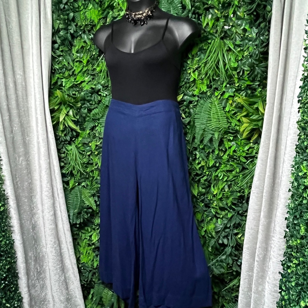 Studio Park Pants Large Navy Blue Linen Blend Wide‎ Leg Button Accent 3400